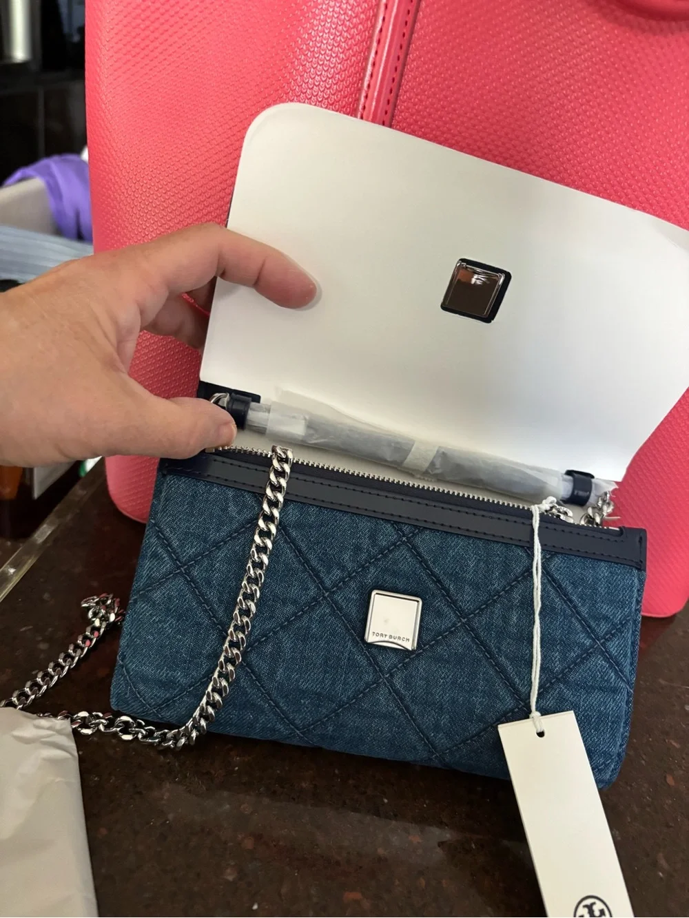 Tory Burch Quilted Blue Denim Wallet with Gold Logo